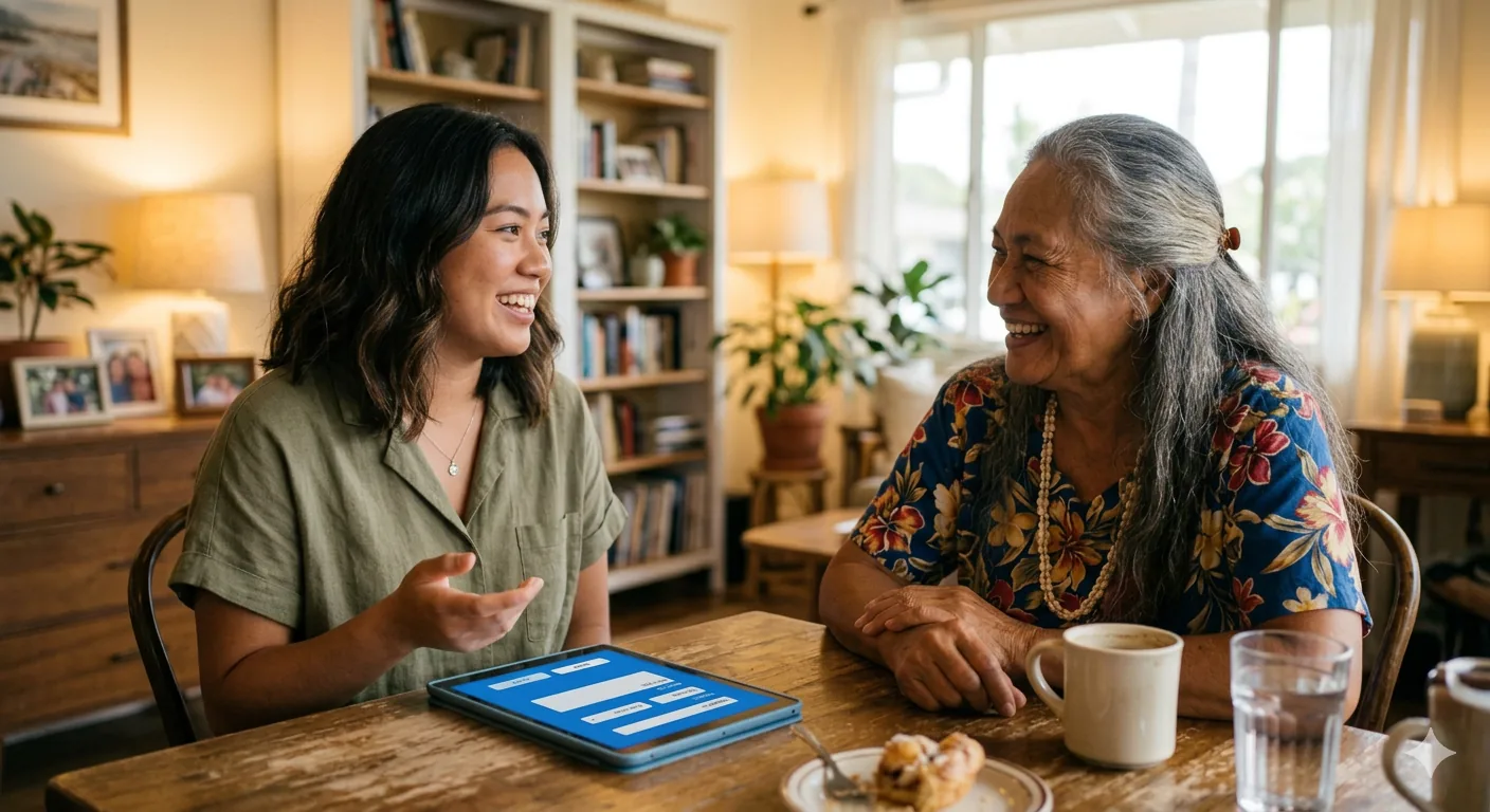 A guided conversation helping someone complete a care form at home